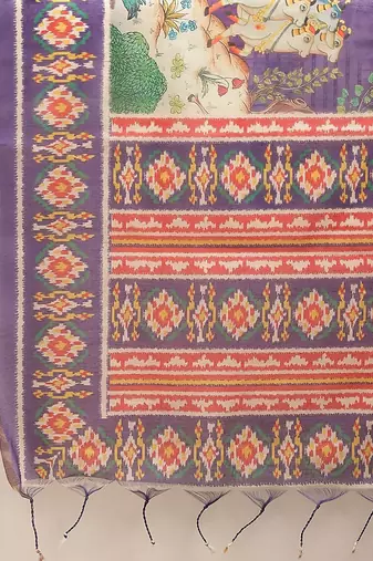 Purple printed cotton blend ethnic saree with blouse piece