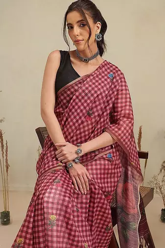 Maroon printed polycotton casual wear saree with blouse piece