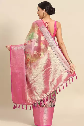 Multicolor printed art silk ethnic saree with blouse piece