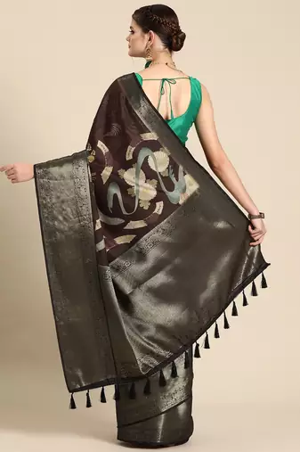 Brown printed silk blend ethnic saree with blouse piece