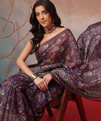 Purple printed cotton blend ethnic saree with blouse piece 3