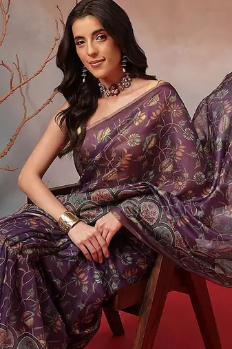 Purple printed cotton blend ethnic saree with blouse piece