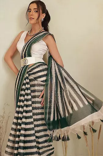 Multicolor printed cotton blend ethnic saree with blouse piece