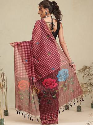 Maroon printed polycotton casual wear saree with blouse piece 3