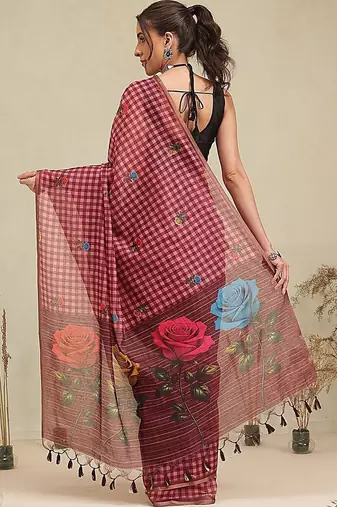 Maroon printed polycotton casual wear saree with blouse piece