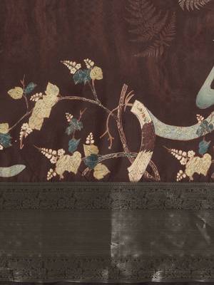 Brown printed silk blend ethnic saree with blouse piece 4