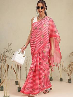 Red printed polycotton casual wear saree with blouse piece 1