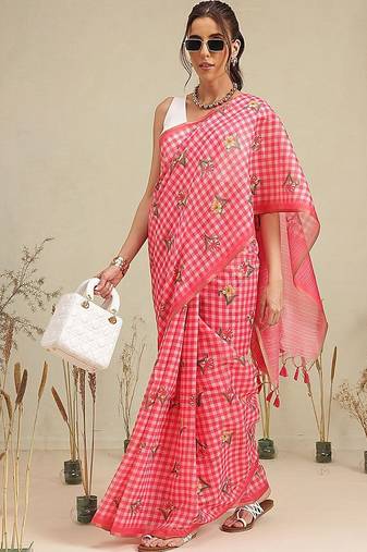Red printed polycotton casual wear saree with blouse piece