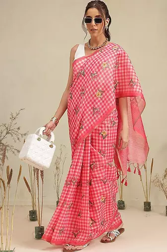 Red printed polycotton casual wear saree with blouse piece