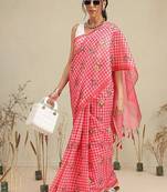 Red printed polycotton casual wear saree with blouse piece