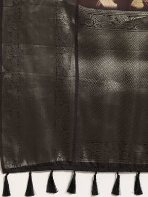 Brown printed silk blend ethnic saree with blouse piece 5