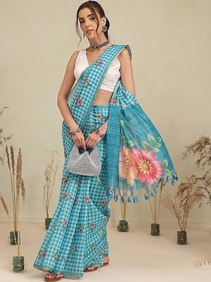 Blue printed polycotton casual wear saree with blouse piece 1