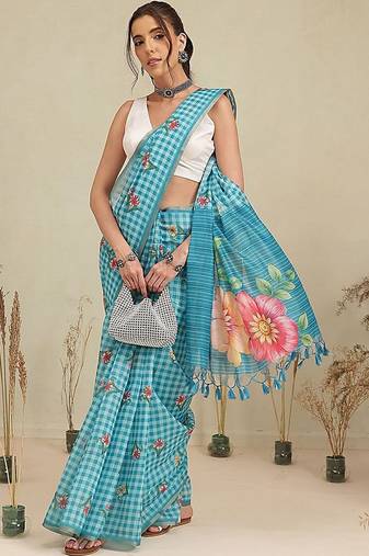 Blue printed polycotton casual wear saree with blouse piece