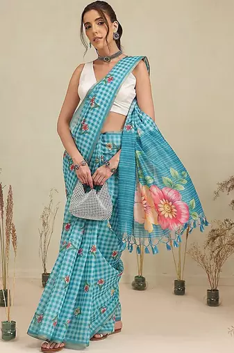 Blue printed polycotton casual wear saree with blouse piece