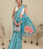 Blue printed polycotton casual wear saree with blouse piece
