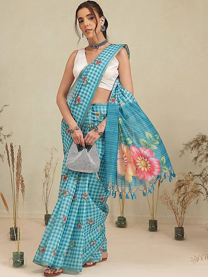 Blue printed polycotton casual wear saree with blouse piece