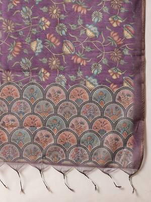 Purple printed cotton blend ethnic saree with blouse piece 5