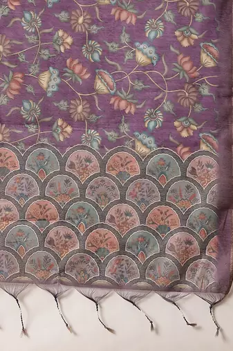 Purple printed cotton blend ethnic saree with blouse piece