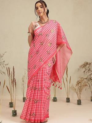 Red printed polycotton casual wear saree with blouse piece 2