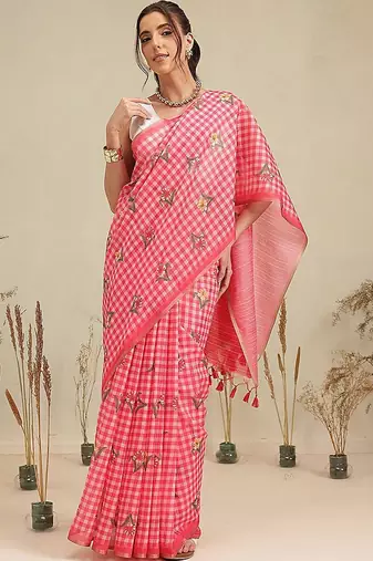 Red printed polycotton casual wear saree with blouse piece