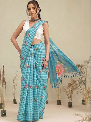 Blue printed polycotton casual wear saree with blouse piece 2