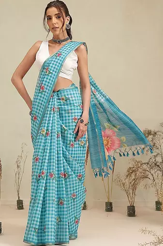 Blue printed polycotton casual wear saree with blouse piece