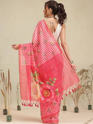Red printed polycotton casual wear saree with blouse piece 3