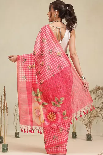 Red printed polycotton casual wear saree with blouse piece