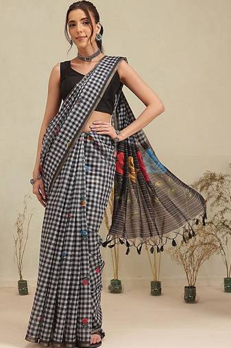 Black printed polycotton casual wear saree with blouse piece