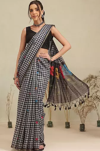 Black printed polycotton casual wear saree with blouse piece