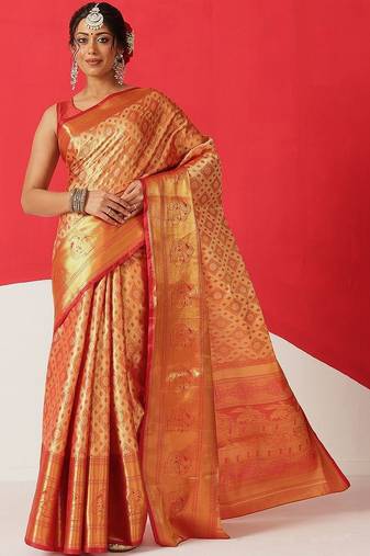 Golden woven silk blend ethnic saree with blouse piece