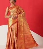Golden woven silk blend ethnic saree with blouse piece
