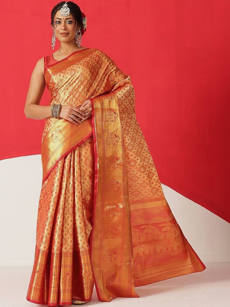 Golden woven silk blend ethnic saree with blouse piece