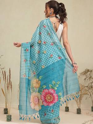 Blue printed polycotton casual wear saree with blouse piece 3