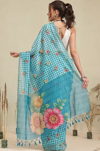 Blue printed polycotton casual wear saree with blouse piece