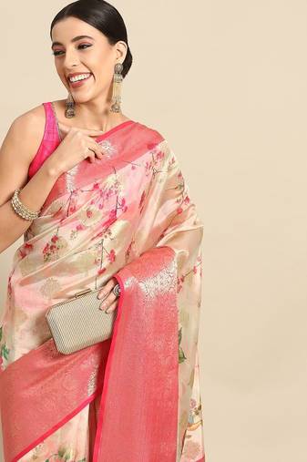 Pink printed art silk ethnic saree with blouse piece