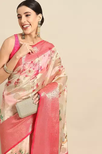 Pink printed art silk ethnic saree with blouse piece