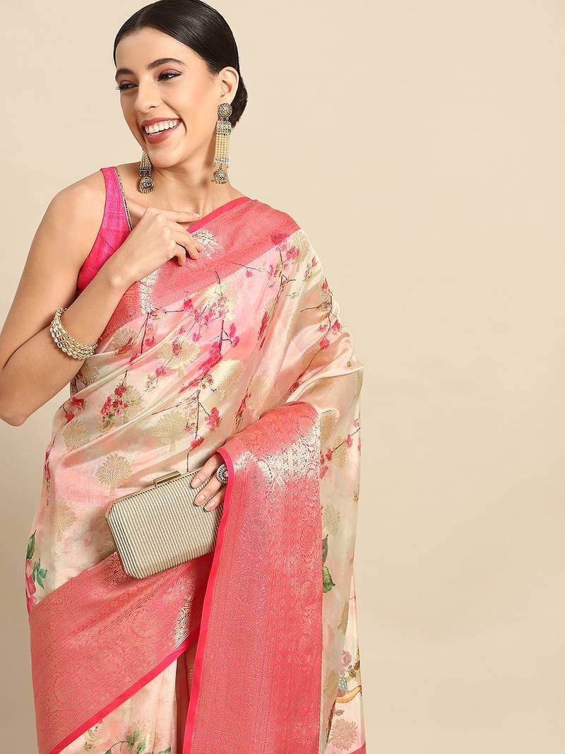 Pink printed art silk ethnic saree with blouse piece