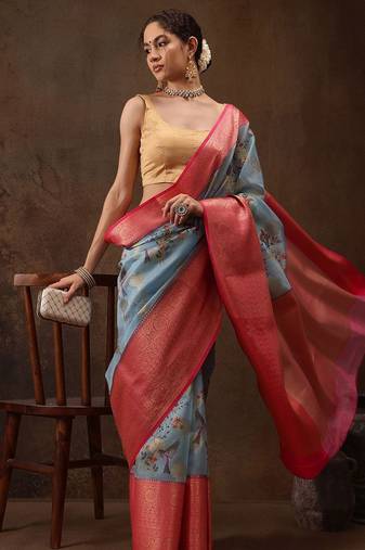 Blue woven art silk traditional saree with blouse piece