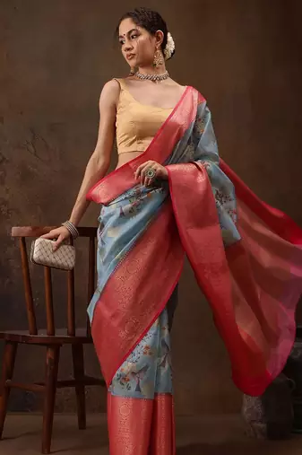 Blue woven art silk traditional saree with blouse piece