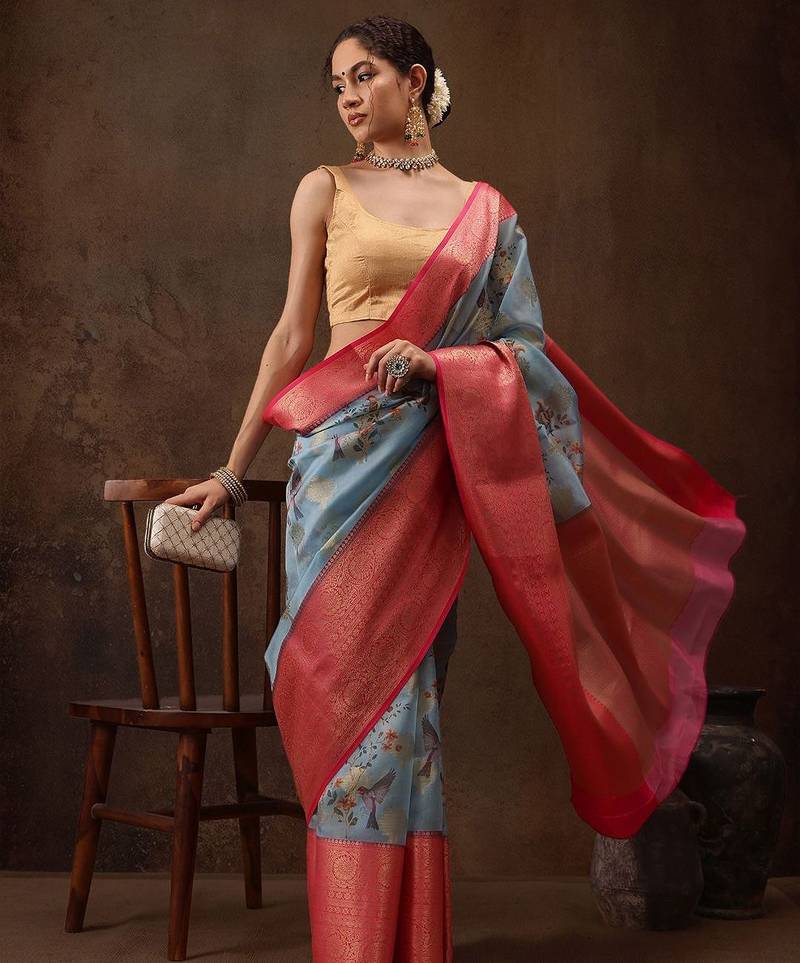 Blue woven art silk traditional saree with blouse piece