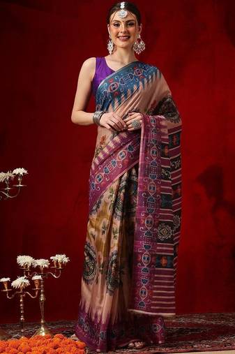 Peach printed cotton blend ethnic saree with blouse piece