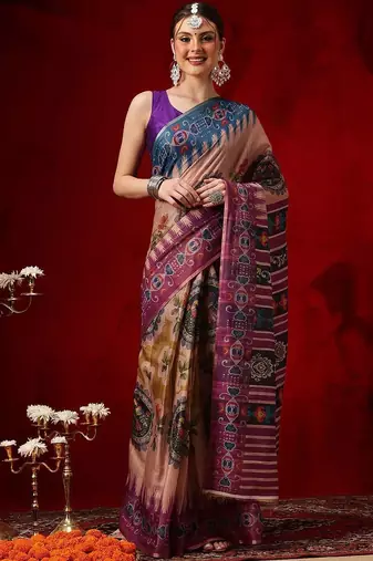 Peach printed cotton blend ethnic saree with blouse piece