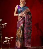 Peach printed cotton blend ethnic saree with blouse piece