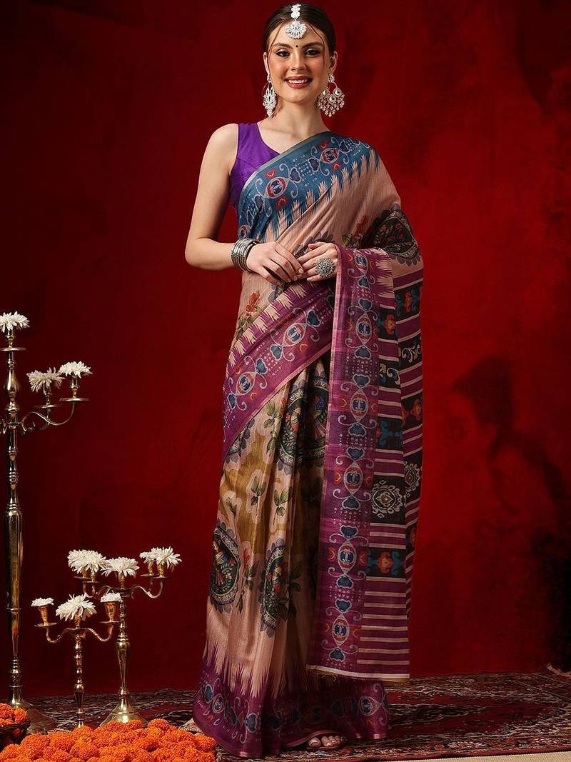 Peach printed cotton blend ethnic saree with blouse piece