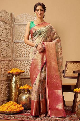 Pink printed silk blend ethnic saree with blouse piece
