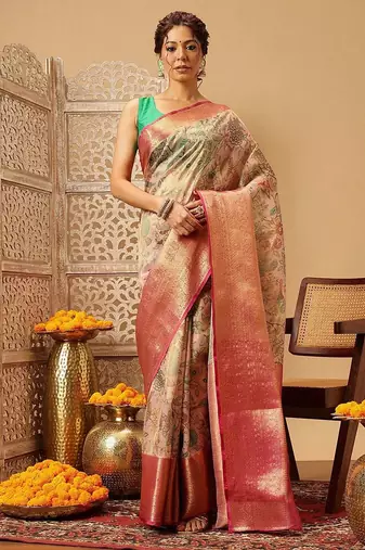 Pink printed silk blend ethnic saree with blouse piece