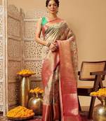 Pink printed silk blend ethnic saree with blouse piece