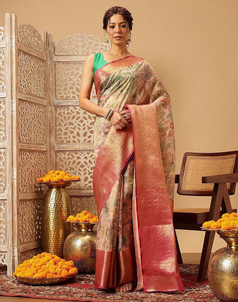 Pink printed silk blend ethnic saree with blouse piece