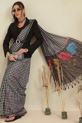 Black printed polycotton casual wear saree with blouse piece